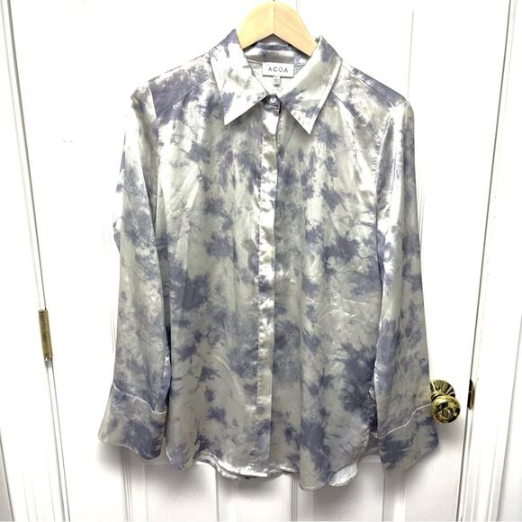 ACOA Shimmery Silky Button Down Blouse, Gray and Cream, Size L - Picture 1 of 7